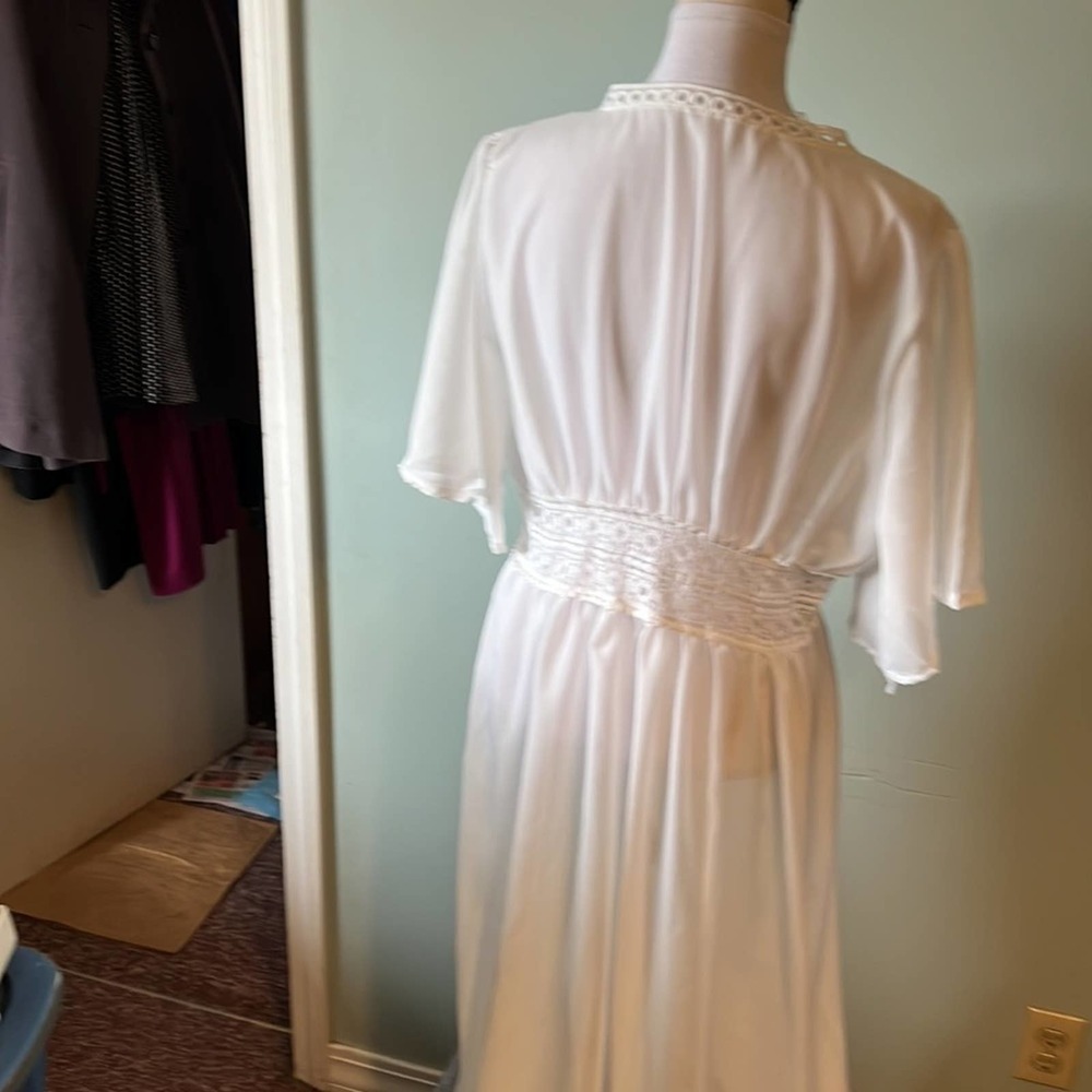 White sheer Cotton/blend Long crochet eyelet lace swim dress coverup tie waist - Picture 8 of 9